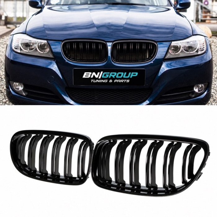 Front Kidney Grilles for BMW 3-Series E90 E91 (2008-2011) (Gloss Black / Dual Slat)
